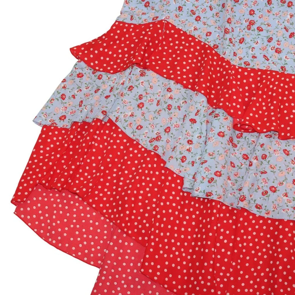 New York & Company Womens Large Red Blue Floral Hi-Lo Hem Ruffled Layers Skirt - Picture 4 of 10